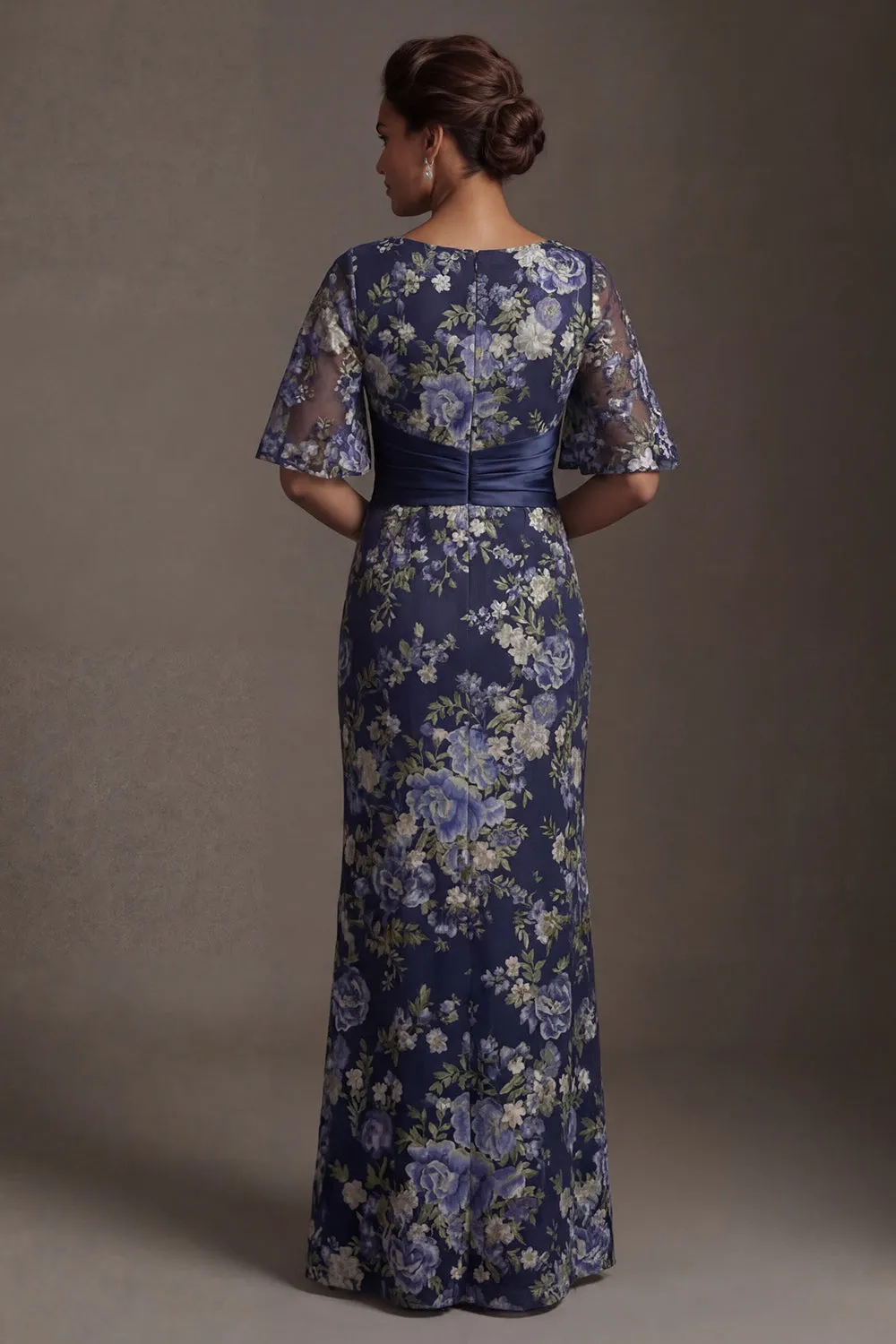 Navy Floral Sheath Long Mother of the Bride Dress with Sleeves sold by Zapaka product image thumbnail 2