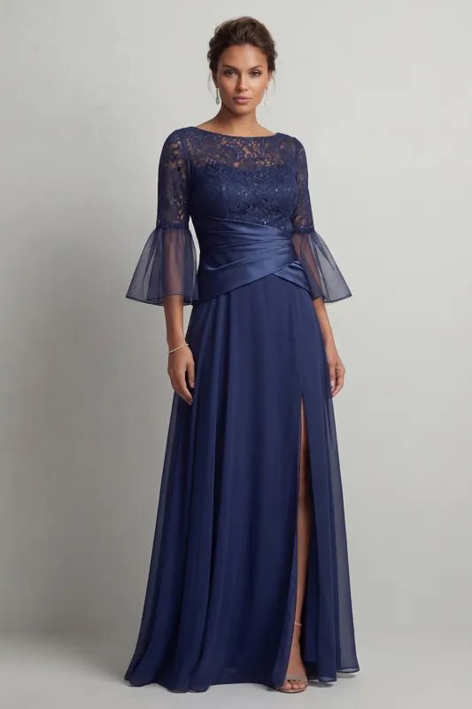 Navy Ruched A Line Boat Neck Long Mother of the Bride Dress with Slit made by Zapaka
