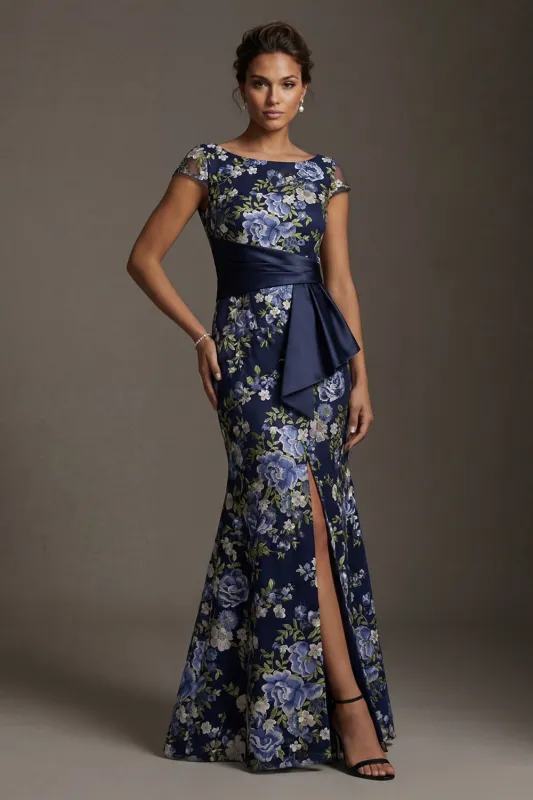 Navy Mermaid Floral Long Mother of the Bride Dress with Slit made by Zapaka