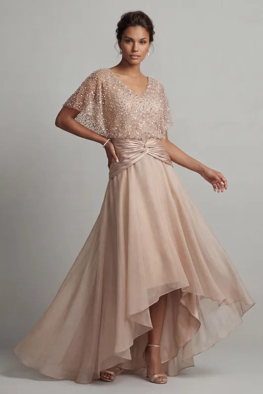 Sparkly Champagne Asymmetrical Ruched Sequin A Line Mother of the Bride Dress made by Zapaka