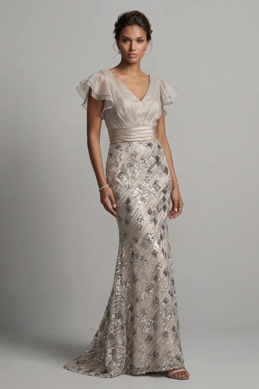 Sparkly Apricot Mermaid Sequin Long Mother of the Bride Dress with Ruffles made by Zapaka