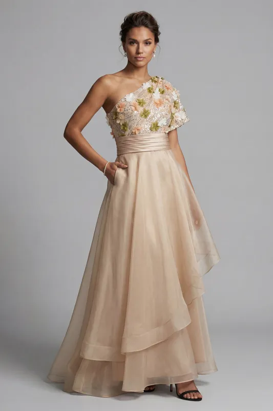 Champagne A Line Floral Long Mother of the Bride Dress with Ruffles sold by Zapaka