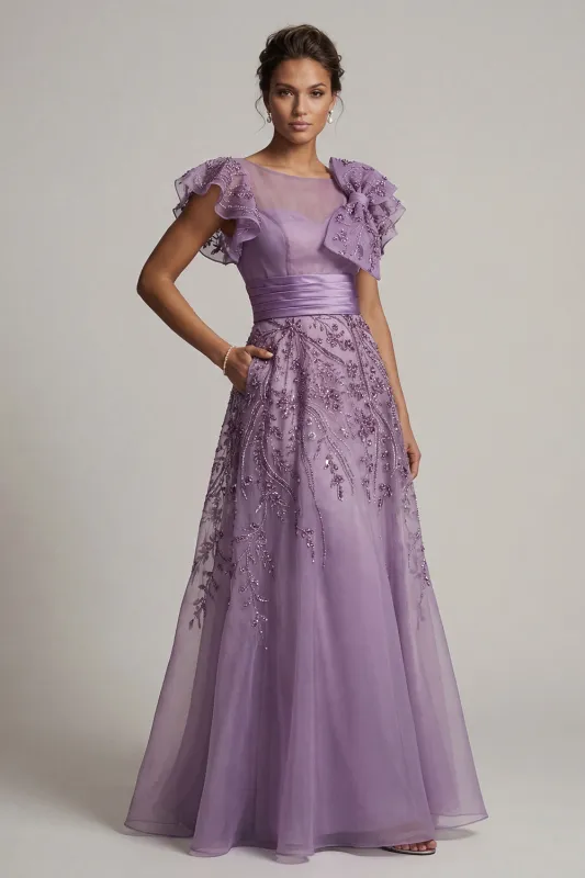 A Line Floral Long Purple Mother of the Bride Dress with Ruffles made by Zapaka