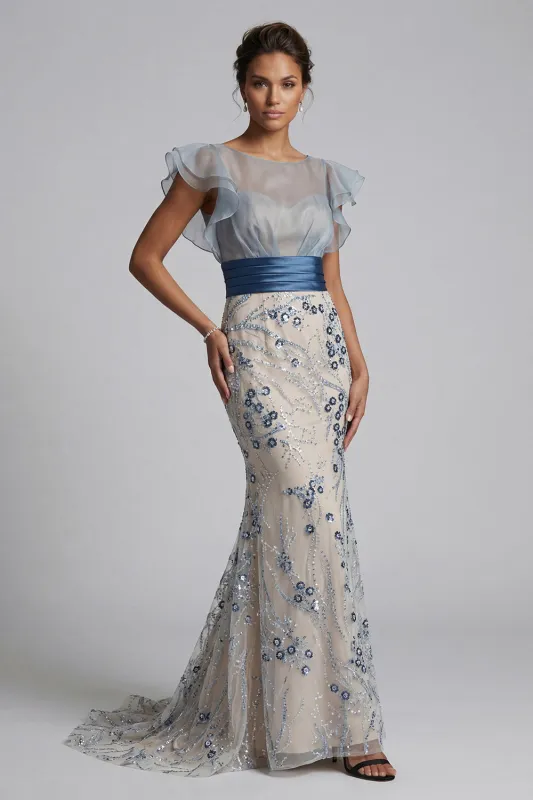 Floral Mermaid Long Dusty Blue Mother of the Bride Dress with Ruffles sold by Zapaka