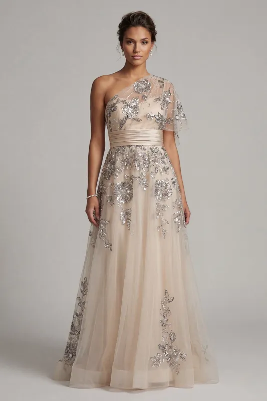 A Line Floral Long Champagne One Shoulder Mother of the Bride Dress made by Zapaka