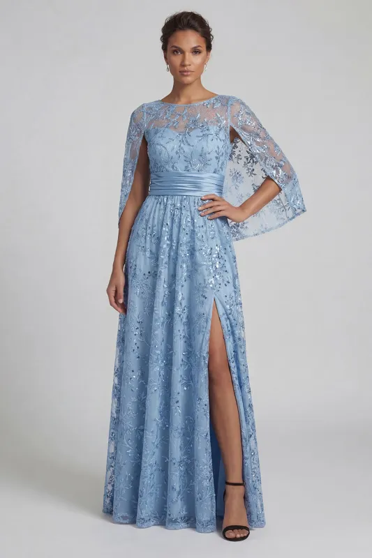 A Line Floral Long Sparkly Sky Blue Sequin Mother of the Bride Dress with Slit made by Zapaka