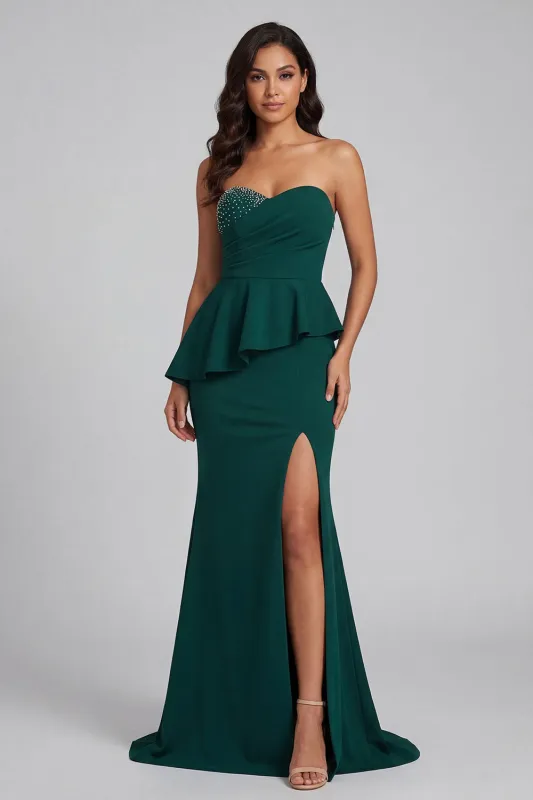 Strapless Dark Green Beaded Ruffled Mermaid Long Formal Dress with Slit made by Zapaka