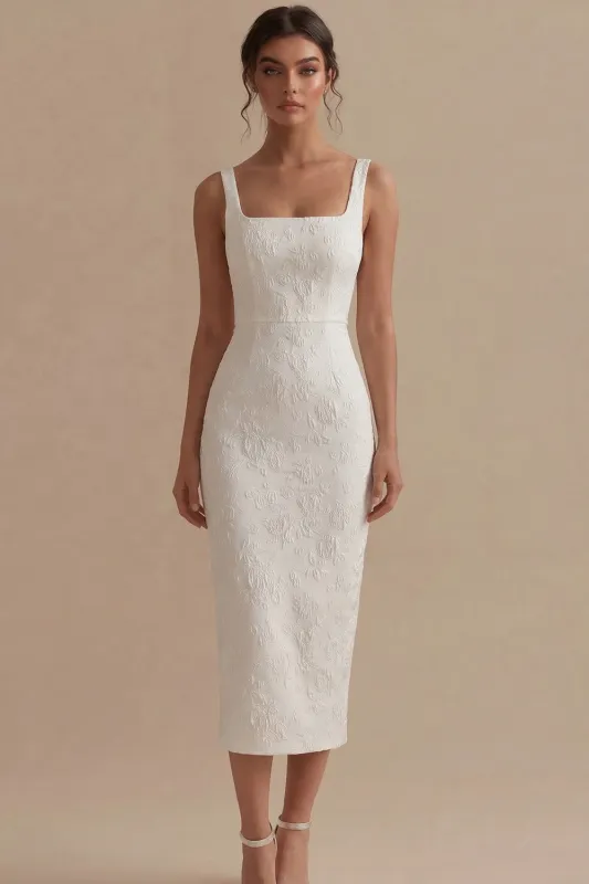 White Square Neck Jacquard Sheath Engagement Dress made by Zapaka