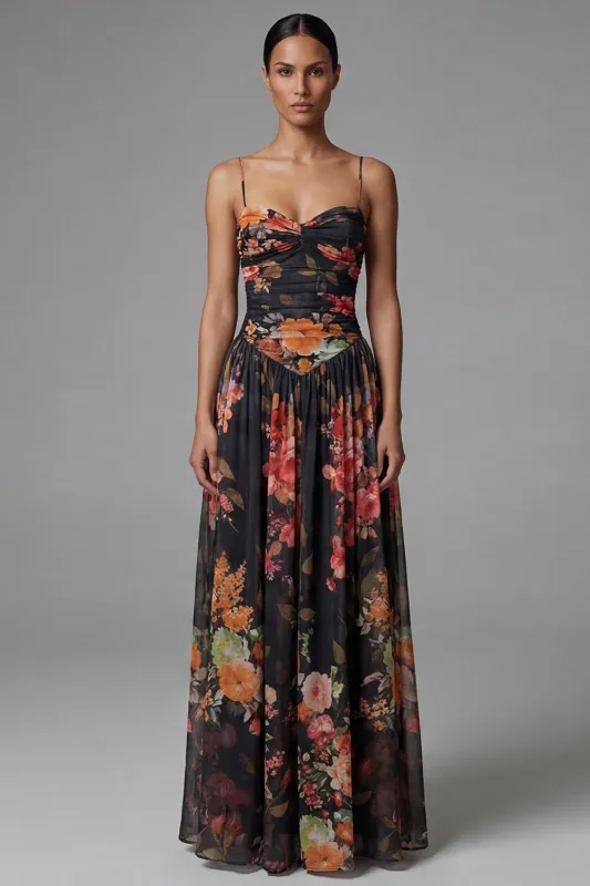 Printed Spaghetti Straps Black A Line Floral Dress made by Zapaka