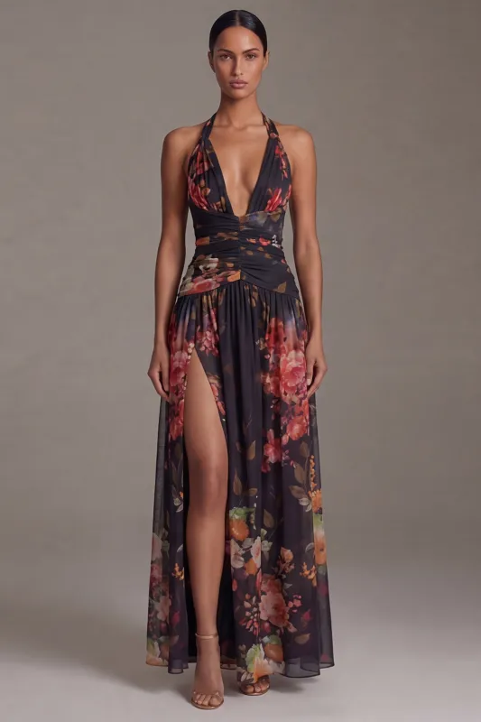 Halter Black Printed A Line Floral Dress made by Zapaka