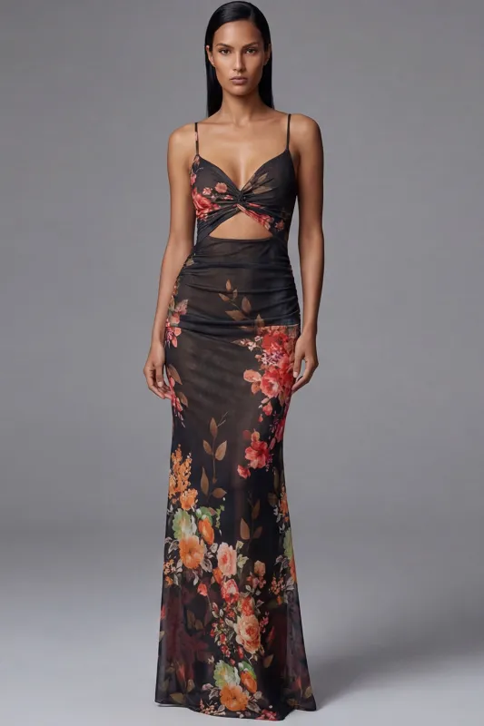 Printed Sheath Cut Out Black Spaghetti Straps Mermaid Long Floral Dress sold by Zapaka