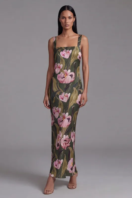 Olive Square Neck Printed Sheath Long Floral Dress made by Zapaka
