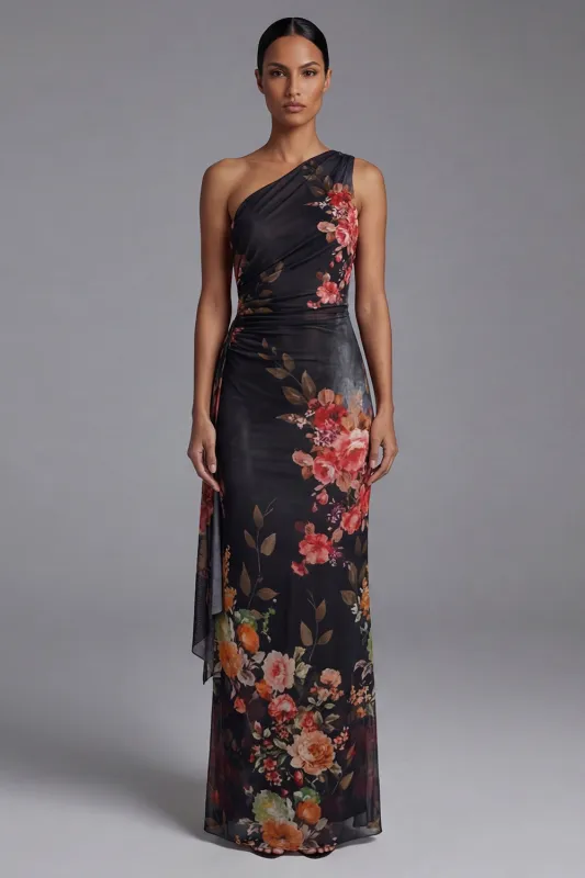 One Shoulder Printed Sheath Black Floral Dress made by Zapaka
