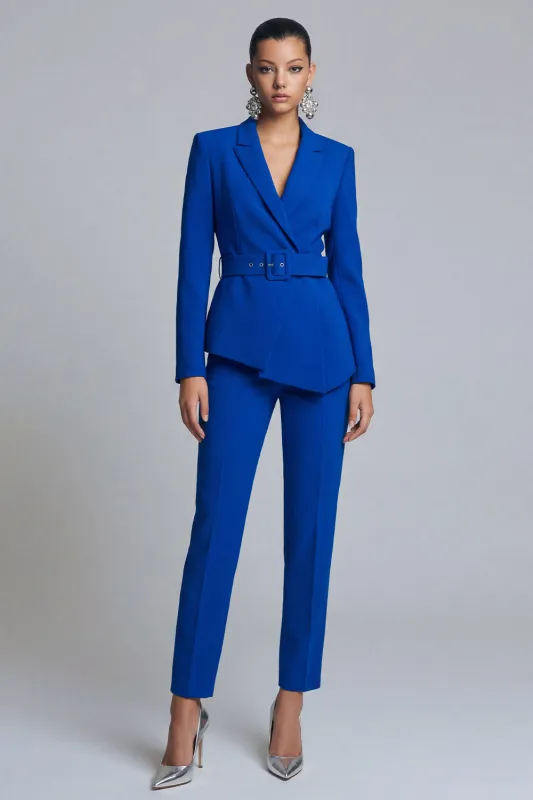 Royal Blue 2 Piece Peak Lapel Belt Women Suits with Sleeves made by Zapaka