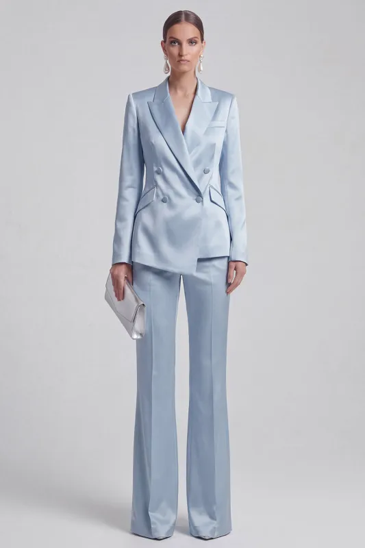 2 Piece Blue Peak Lapel Women Suits with Sleeves made by Zapaka