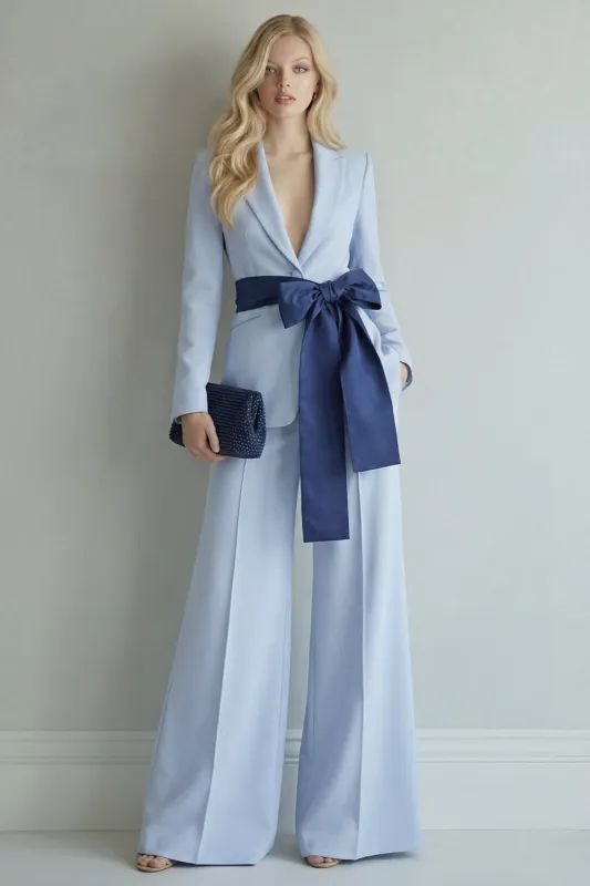 Light Blue Peak Lapel Single Breasted 2 Piece Wide Leg Prom Suits made by Zapaka