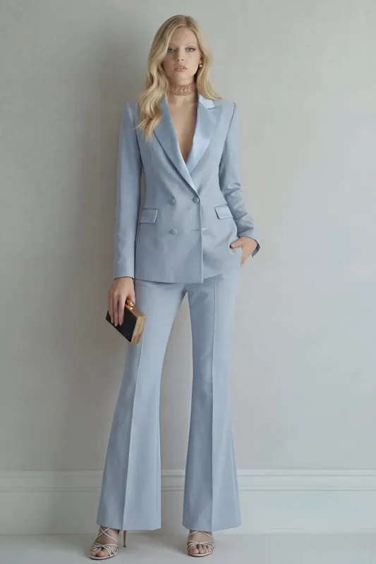 Peak Lapel Blue Double Breasted 2 Piece Wide Leg Prom Suits made by Zapaka