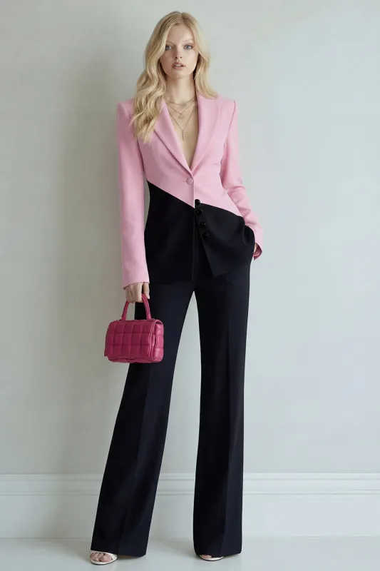 Black Pink Patchwork Single Breasted 2 Piece Wide Leg Notched Lapel Prom Suits made by Zapaka