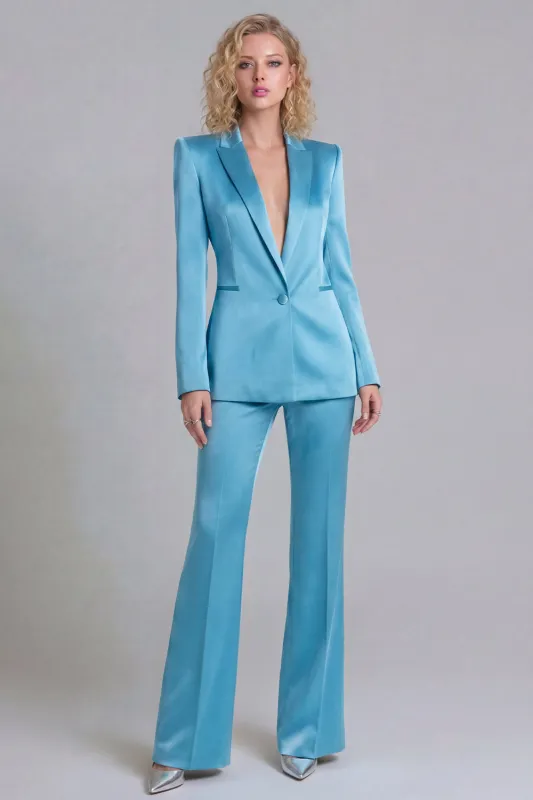 Blue Peak Lapel Single Breasted 2 Piece Wide Leg Prom Suits made by Zapaka