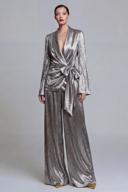 2 Piece Grey Wide Leg Shawl Lapel Prom Suits with Bow made by Zapaka