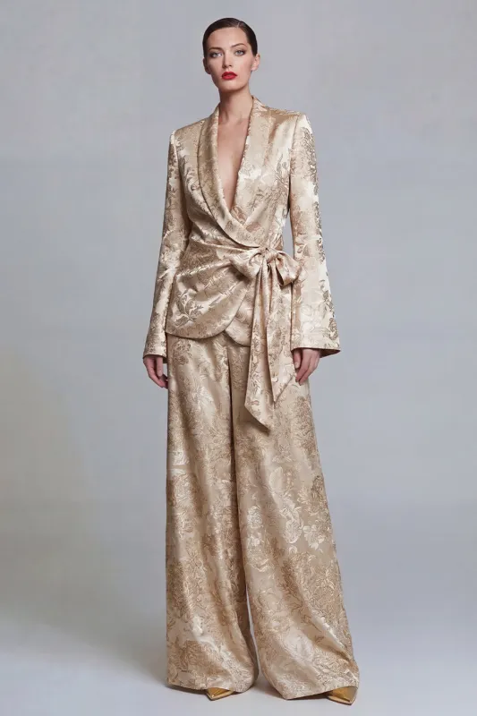 Floral Champagne 2 Piece Shawl Lapel Wide Leg Prom Suits with Bow made by Zapaka