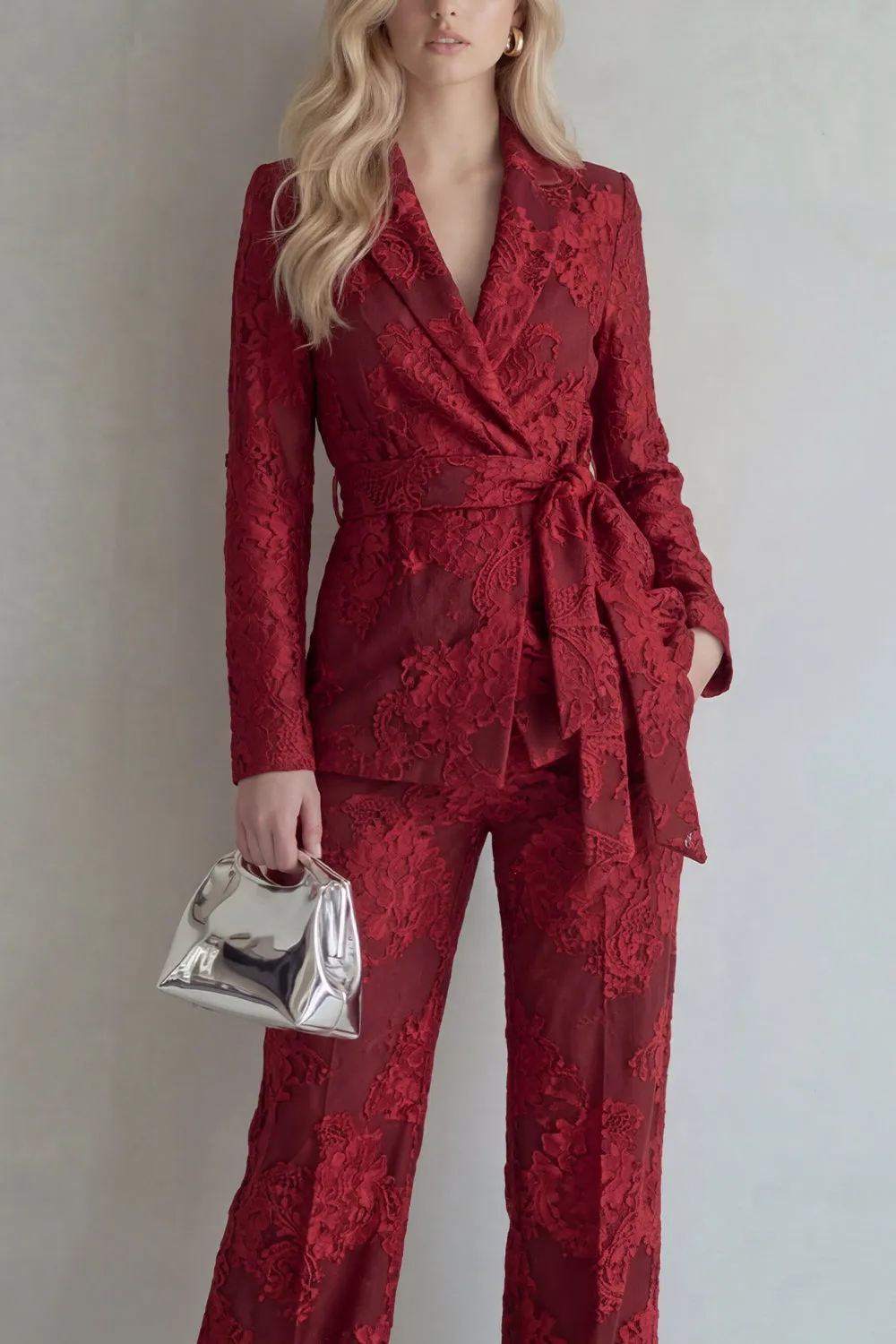 Red Lace Peak Lapel Floral 2 Piece Slim Fit Prom Suits with Belt sold by Zapaka product image thumbnail 3
