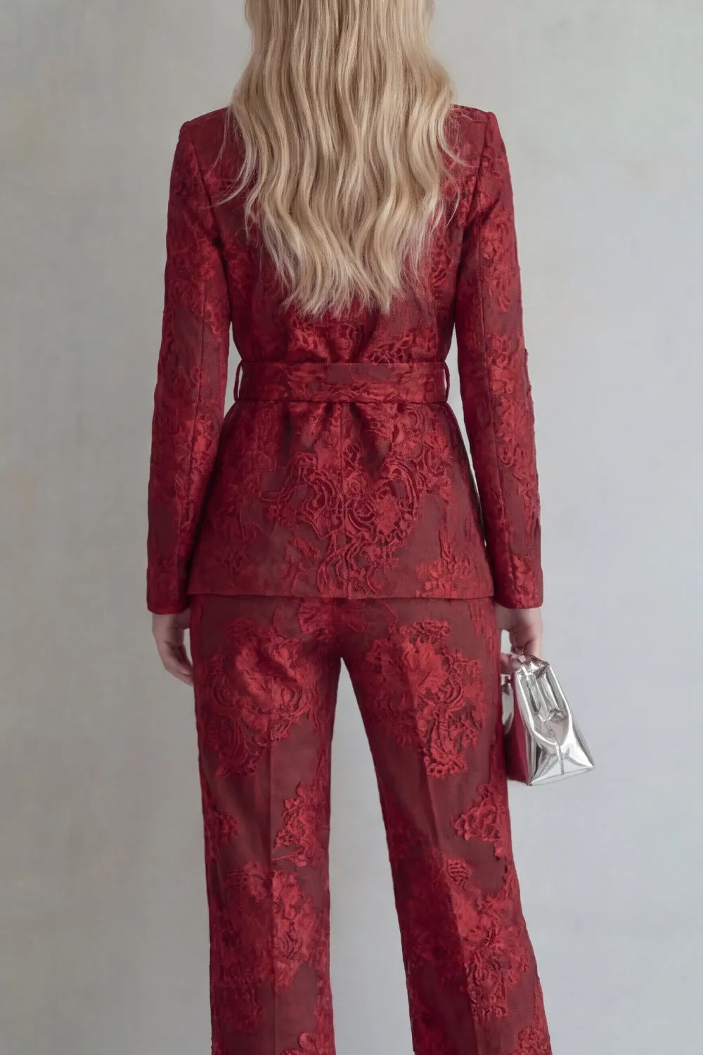 Red Lace Peak Lapel Floral 2 Piece Slim Fit Prom Suits with Belt sold by Zapaka product image thumbnail 4