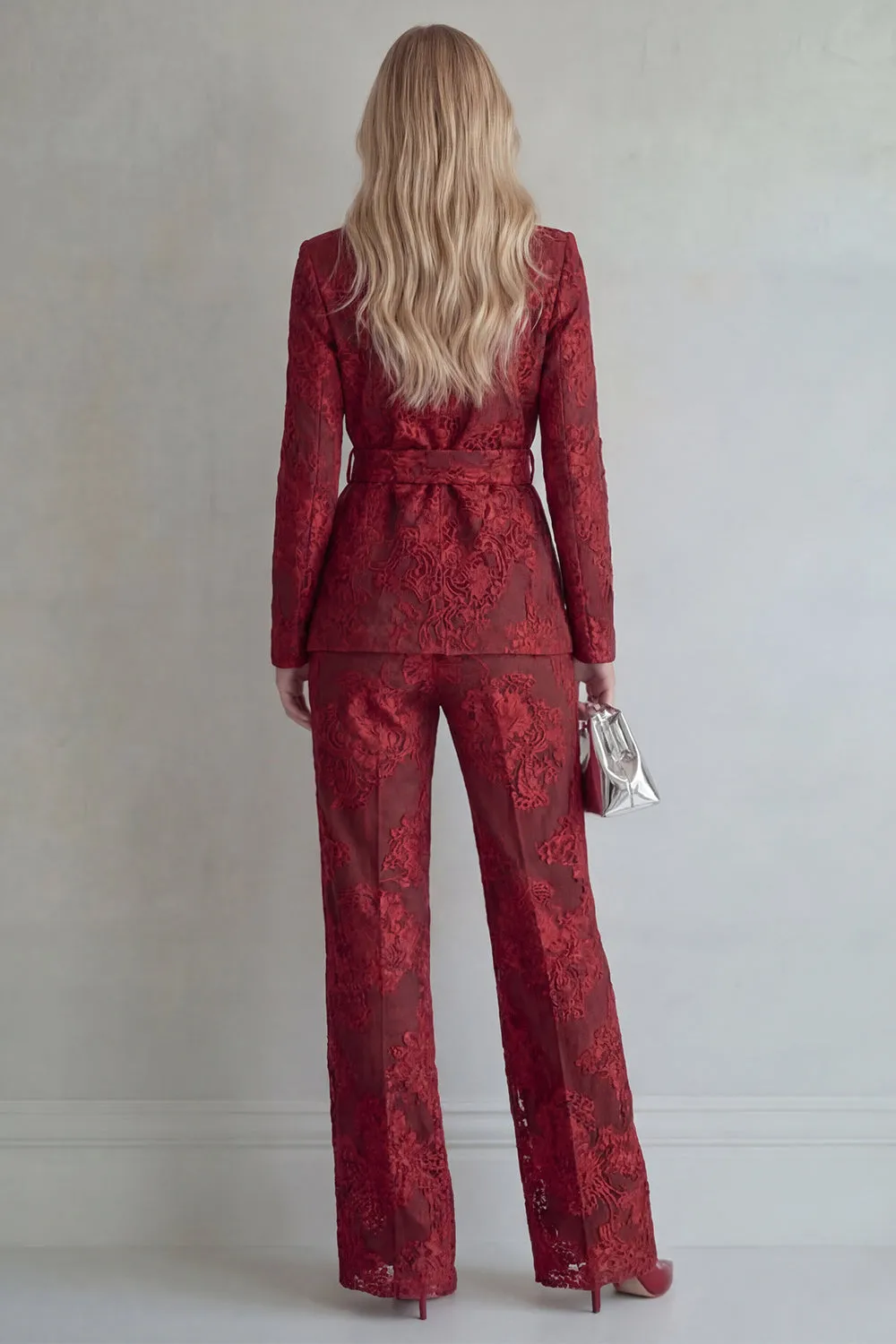 Red Lace Peak Lapel Floral 2 Piece Slim Fit Prom Suits with Belt sold by Zapaka product image thumbnail 2