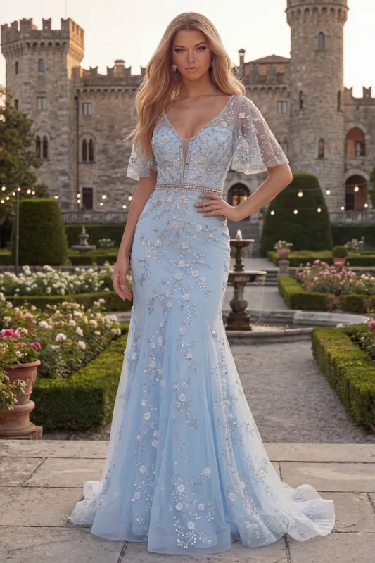 Sparkly Blue Mermaid V-Neck Long Beaded Tulle Prom Dress with Appliques made by Zapaka