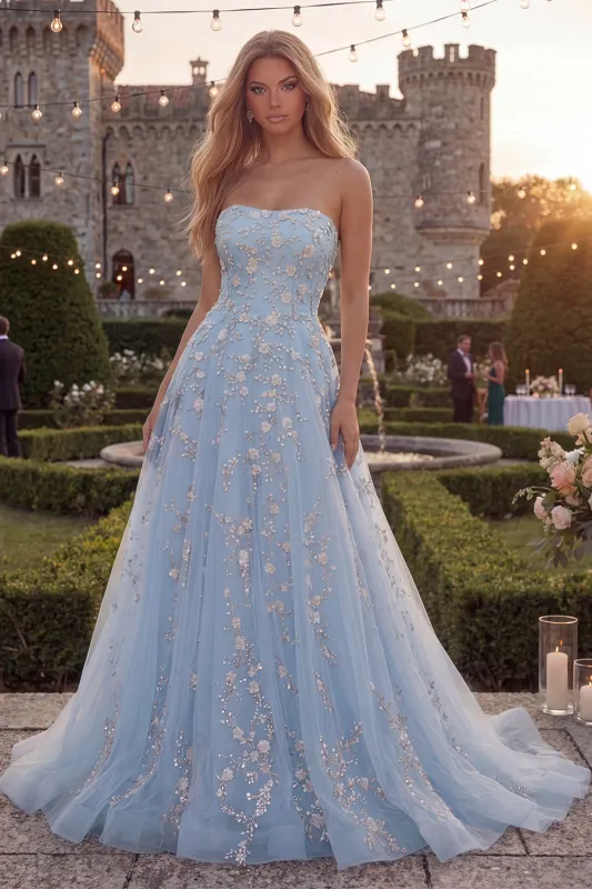 Sparkly Blue A-Line Strapless Beaded Long Tulle Prom Dress with Appliques made by Zapaka
