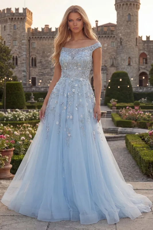 Sparkly Blue Off the Shoulder A-Line Corset Beaded Tulle Long Prom Dress with Appliques made by Zapaka