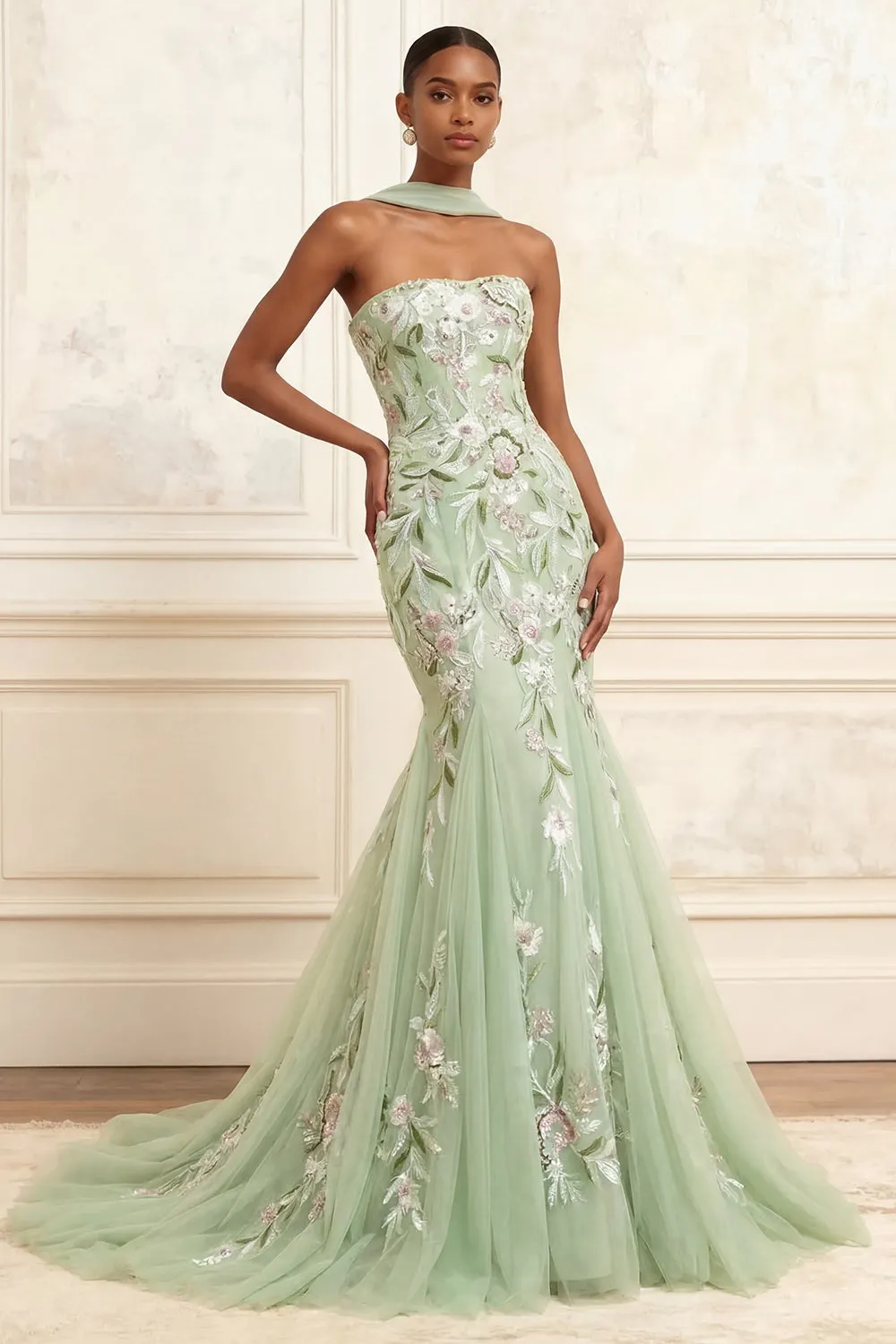 Dusty Sage Strapless Mermaid Sequins Tulle Embroidered Long Prom Dress sold by Zapaka