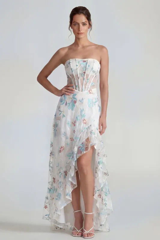 White A-Line Strapless Corset Long Multi Floral Dress with Ruffle Slit made by Zapaka