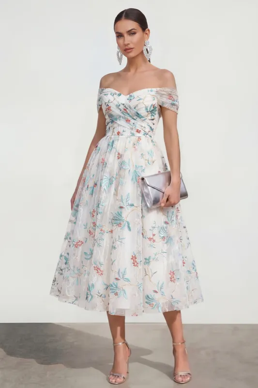 White A Line Off The Shoulder Midi Multi Floral Dress made by Zapaka
