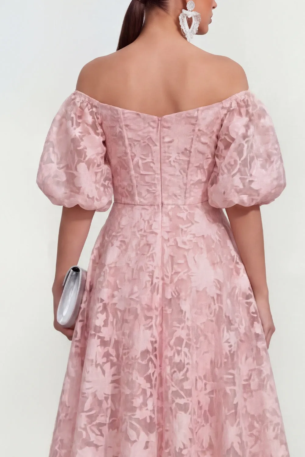 Off The Shoulder A-Line Midi Pink Floral Dress with Puff Sleeves sold by Zapaka product image thumbnail 4