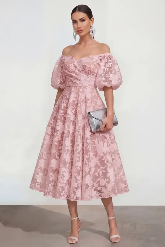 Off The Shoulder A-Line Midi Pink Floral Dress with Puff Sleeves made by Zapaka