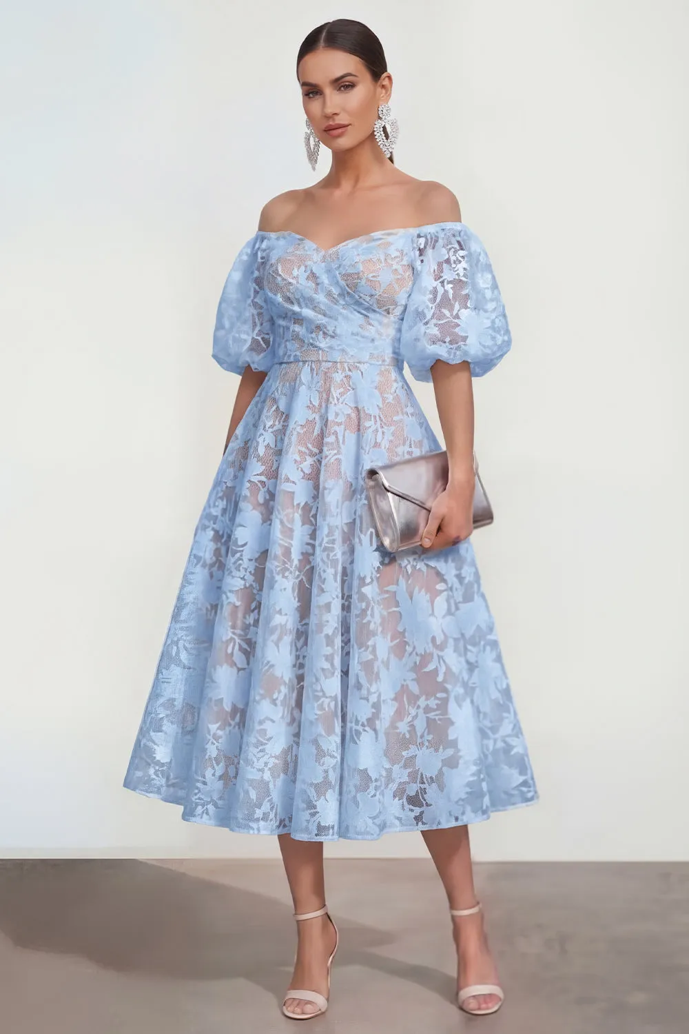 Off The Shoulder A-Line Midi Pink Floral Dress with Puff Sleeves sold by Zapaka product image thumbnail 5