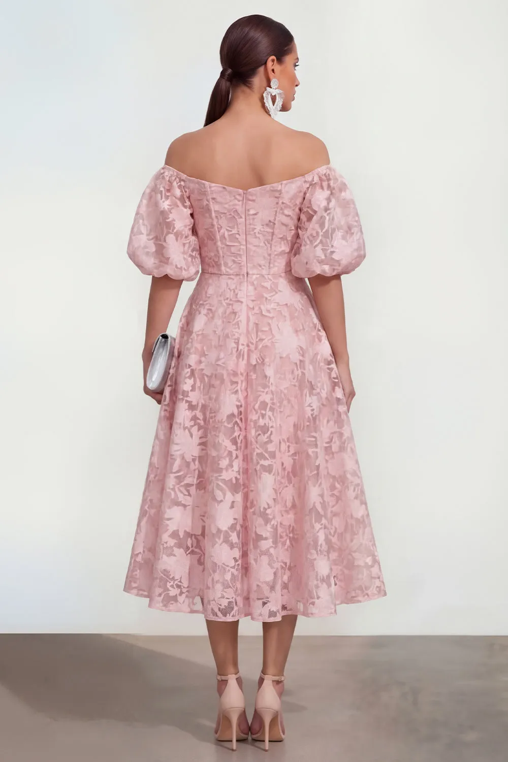 Off The Shoulder A-Line Midi Pink Floral Dress with Puff Sleeves sold by Zapaka product image thumbnail 2