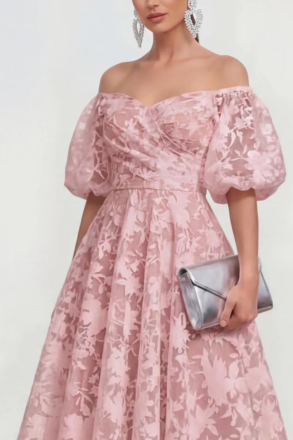 Off The Shoulder A-Line Midi Pink Floral Dress with Puff Sleeves sold by Zapaka product image thumbnail 3