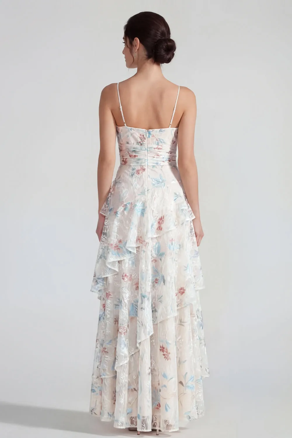 White Sheath Spaghetti Straps Maxi Multi Floral Dress with Ruffles sold by Zapaka product image thumbnail 2