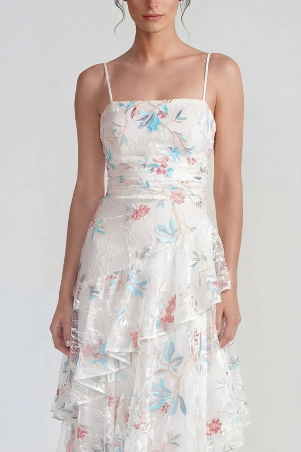 White Sheath Spaghetti Straps Maxi Multi Floral Dress with Ruffles sold by Zapaka product image thumbnail 3