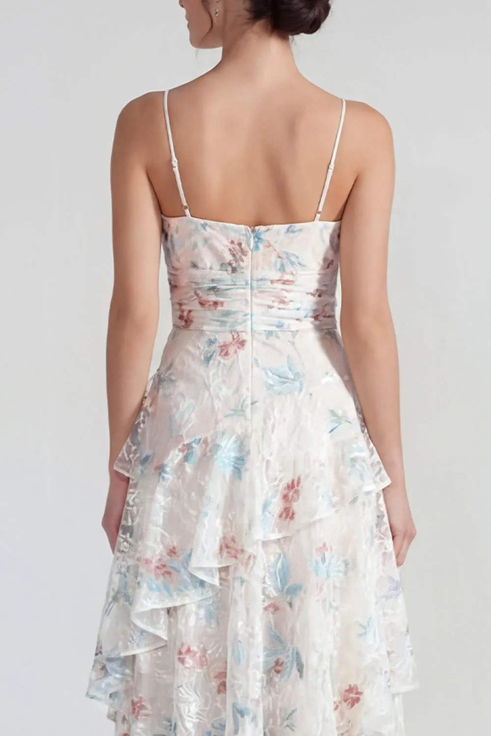 White Sheath Spaghetti Straps Maxi Multi Floral Dress with Ruffles sold by Zapaka product image thumbnail 4