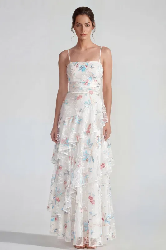 White Sheath Spaghetti Straps Maxi Multi Floral Dress with Ruffles made by Zapaka