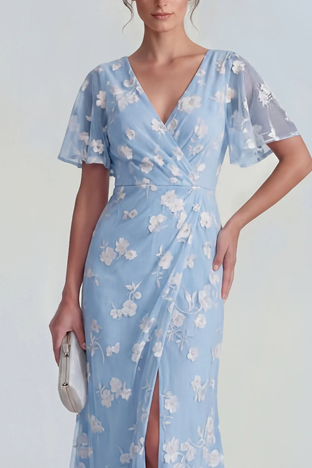 Blue Sheath Short Sleeves Long Floral Dress with Slit sold by Zapaka product image thumbnail 3