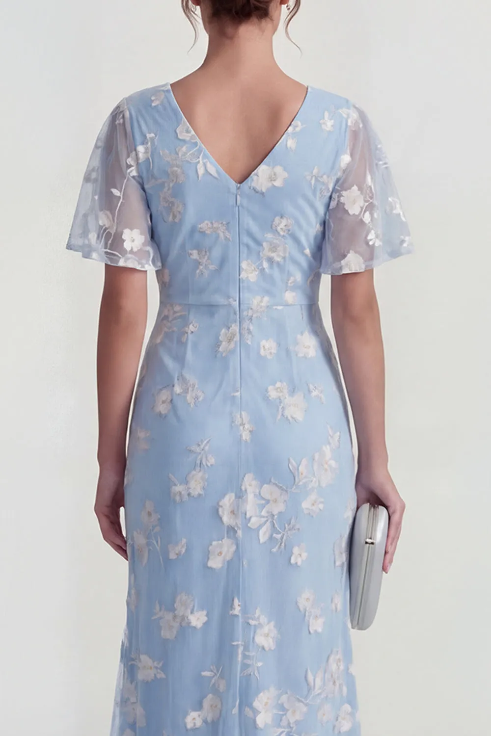 Blue Sheath Short Sleeves Long Floral Dress with Slit sold by Zapaka product image thumbnail 4