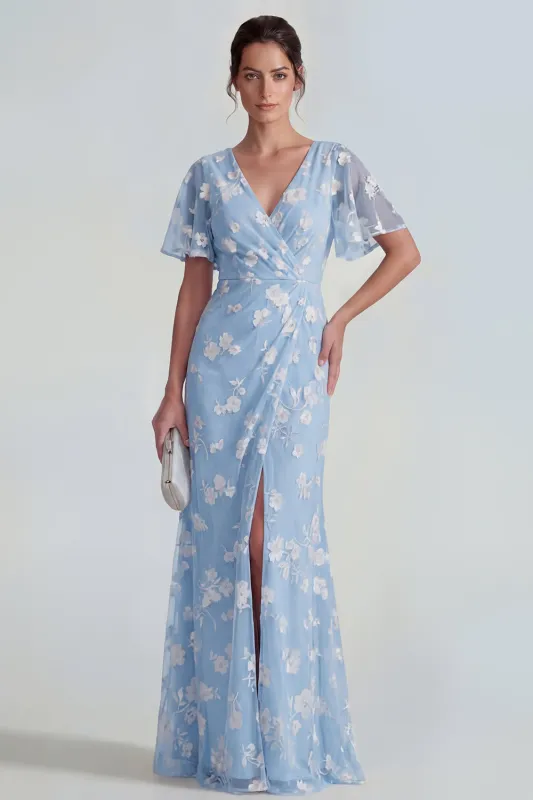 Blue Sheath Short Sleeves Long Floral Dress with Slit made by Zapaka