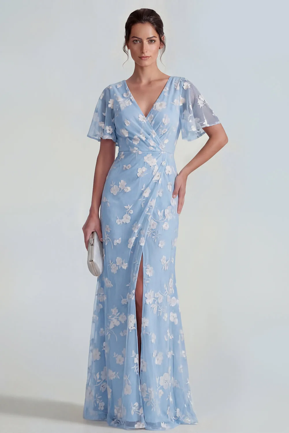 Blue Sheath Short Sleeves Long Floral Dress with Slit sold by Zapaka