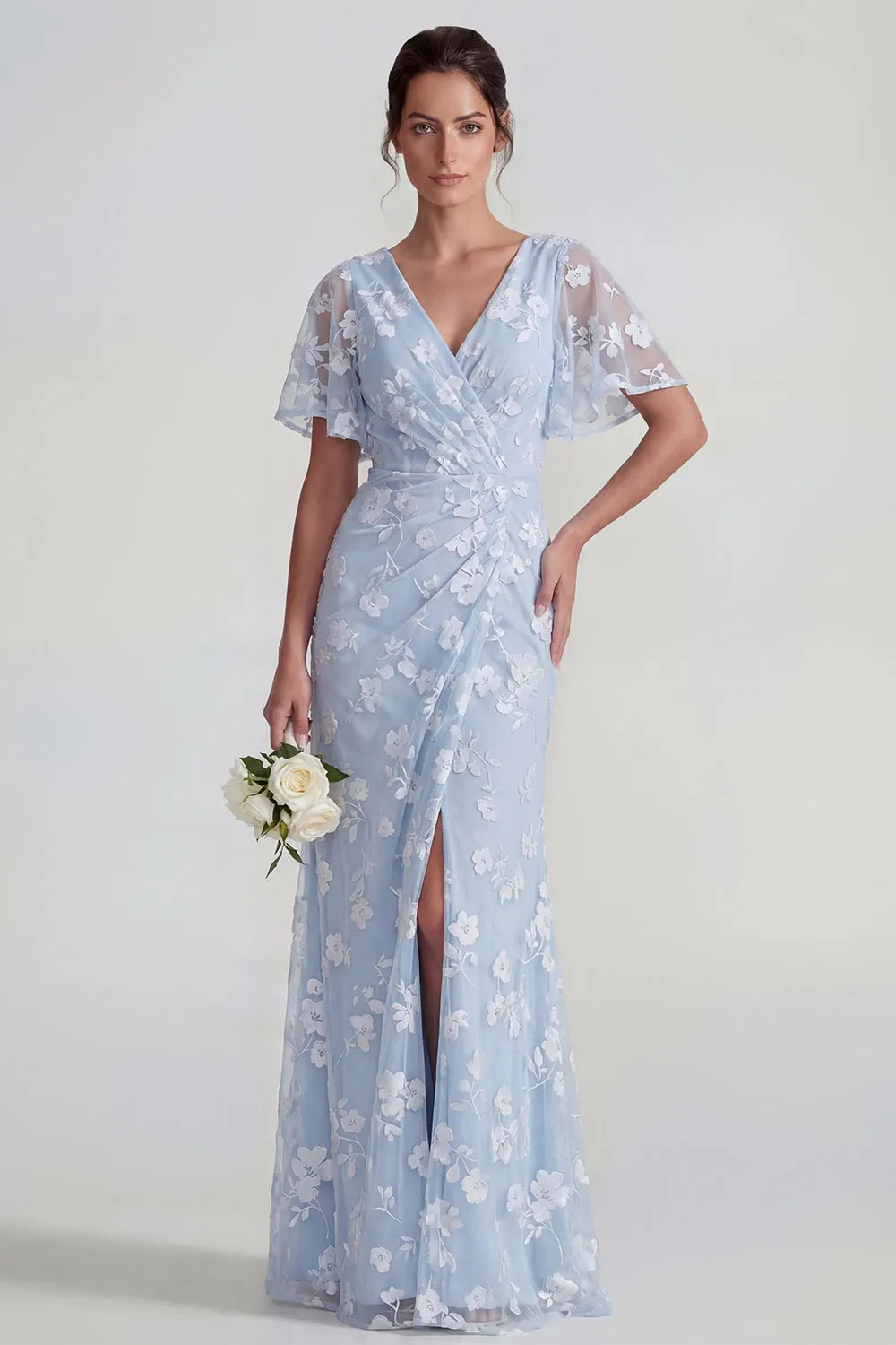 Blue Sheath Short Sleeves Long Floral Dress with Slit sold by Zapaka product image thumbnail 5