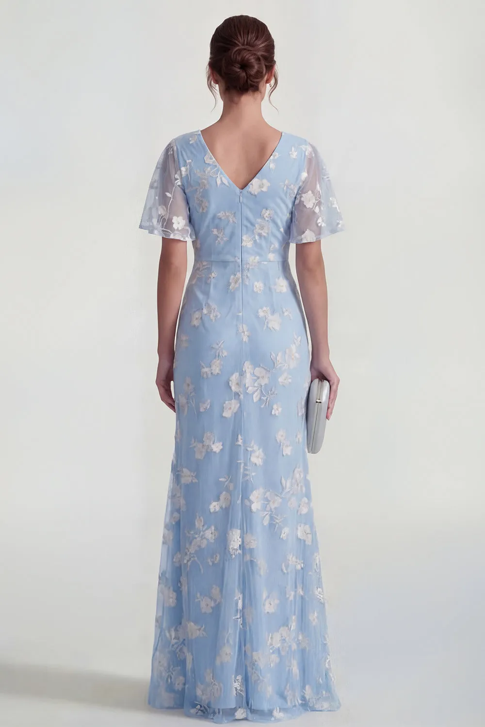 Blue Sheath Short Sleeves Long Floral Dress with Slit sold by Zapaka product image thumbnail 2