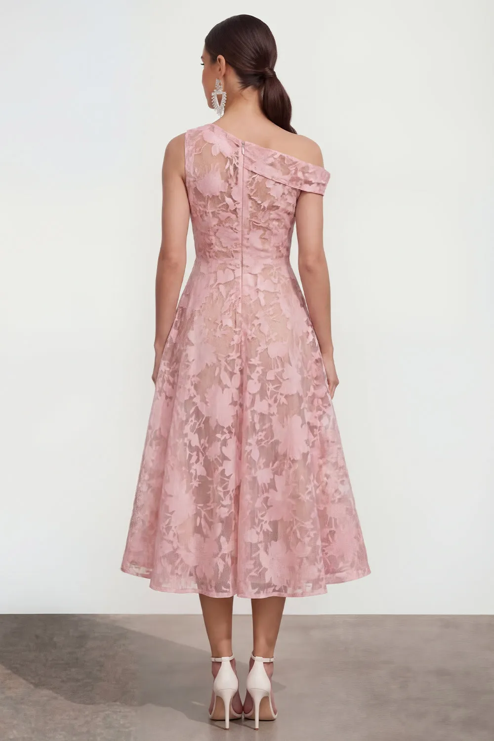 Pink One Shoulder A-Line Midi Floral Dress sold by Zapaka product image thumbnail 2